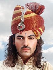 Тёмно-алый с золотистым индийский мужской тюрбан (чалма) из хлопка, с брошью