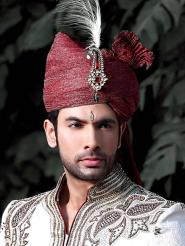 Вишнёвый индийский мужской тюрбан (чалма) с брошью