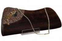 Тёмно-коричневая маленькая дамская сумочка из бархата с павлином из страз