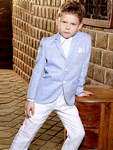 Голубой льняной модный пиджак для мальчика + белые брюки + белая рубашка