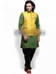 Жёлто-зелёный мужской индийский национальный костюм-тройка из натурального индийского шёлка и бархата