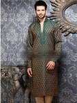 «Бежевый и зелёный мужской национальный индийский костюм из жаккардовой ткани