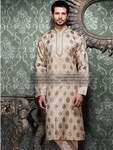 «Бежевый парчёвый мужской национальный индийский костюм, украшенный скрученной шёлковой нитью с бусинками
