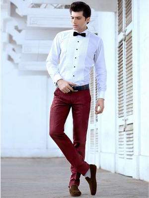 Белая мужская рубашка из хлопка + тёмно-красные брюки из льна