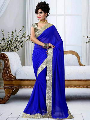 Синее вечернее индийское сари из шифона, украшенное пайетками