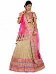 «Бежевый и розовый индийский женский свадебный костюм — лехенга (ленга) чоли из фатина, украшенный вышивкой, вышивкой люрексом, скрученной шёлковой нитью с пайетками