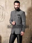 Серый мужской френч (воротник — стойка), украшенный вышивкой + чёрные брюки