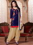 Тёмно-синий камс (камиз) + бежевые широкие брюки фасона патиала + дупатта