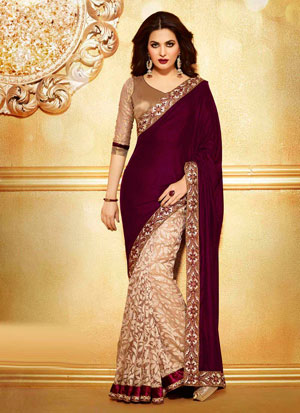 Индийское сари из кремового брассо и сливового бархата, декорированное вышивкой