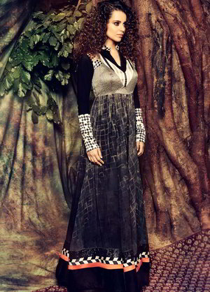 Чёрное длинное платье / анаркали / костюм из креп-жоржета, шифона, лайкры и из фатина, украшенное вышивкой, вышивкой люрексом с кружевами
