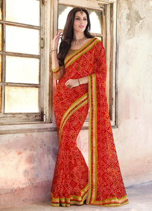 Красное индийское сари из креп-жоржета и из шёлка