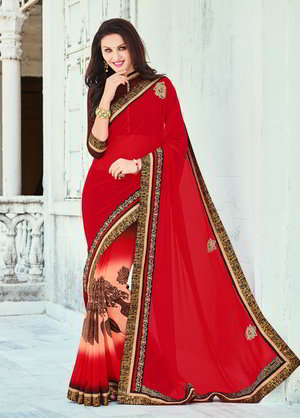 Красное индийское сари из креп-жоржета и из шёлка со стразами