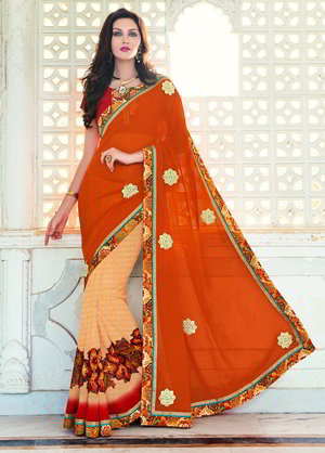 Оранжевое индийское сари из креп-жоржета и из шёлка с кусочками зеркалец