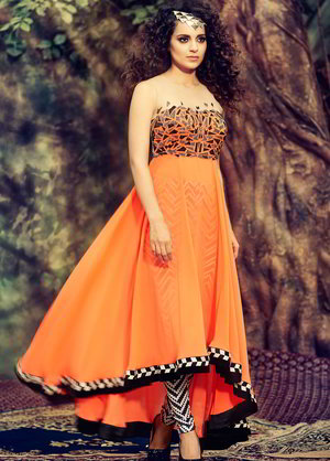 Оранжевое длинное платье / анаркали / костюм из креп-жоржета, шифона, лайкры, атласа, брассо и из бархата со стразами