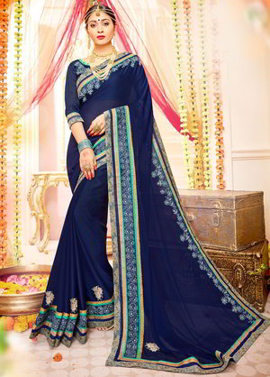 Лиловое индийское сари из шифона и из креп-жоржета со стразами