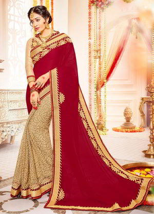 Красное и бежевое шифоновое индийское сари со стразами