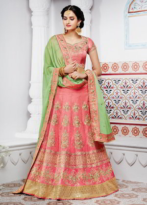 Розовый индийский женский свадебный костюм — лехенга (ленга) чоли, украшенный вышивкой с люрексом