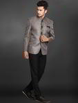 Серый мужской костюм френч (воротник — стойка) + чёрные брюки