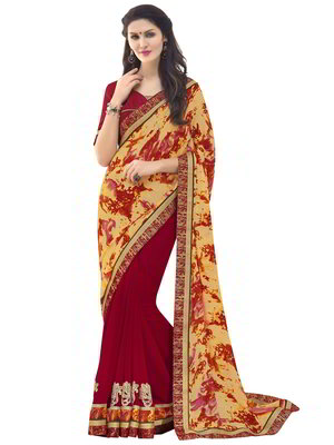 Красное и жёлтое индийское сари из атласа, креп-жоржета и из шёлка, украшенное печатным рисунком