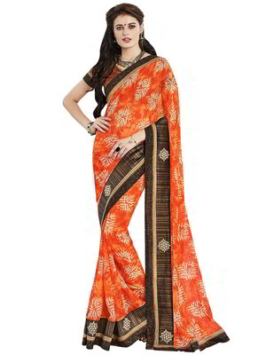 Оранжевое индийское сари из креп-жоржета и из шёлка