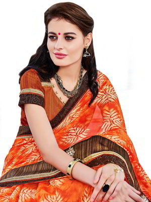 Оранжевое индийское сари из креп-жоржета и из шёлка