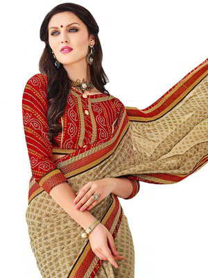 Бежевое индийское сари из креп-жоржета и из шёлка