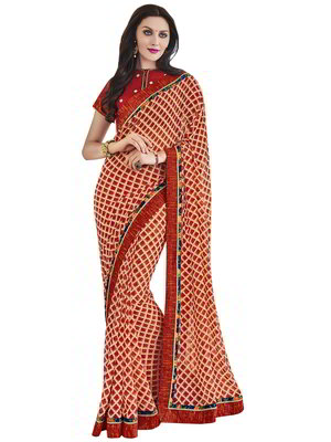 Красное индийское сари из креп-жоржета и из шёлка