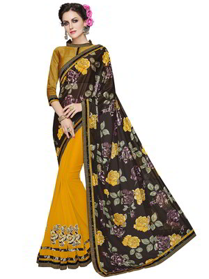 Чёрное и жёлтое индийское сари из лайкры, креп-жоржета и из шёлка