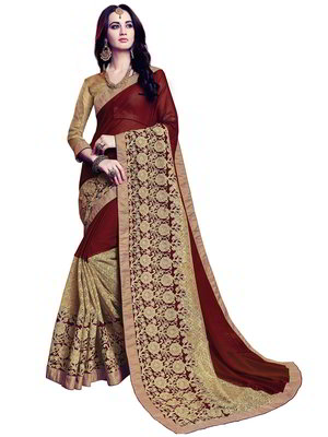 Бордовое и золотое индийское сари из шифона, фатина и из шёлка