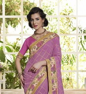 Розовое индийское сари из креп-жоржета