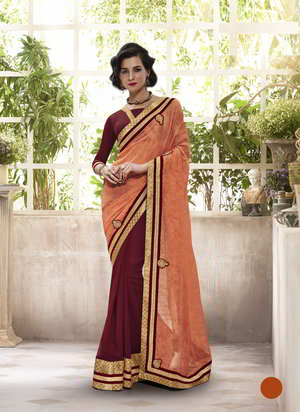 Оранжевое и бордовое индийское сари из креп-жоржета
