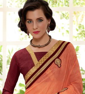 Оранжевое и бордовое индийское сари из креп-жоржета