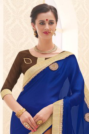 Синее и оранжевое индийское сари из атласа, шифона, креп-жоржета и из шёлка