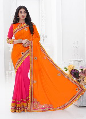 Оранжевое и розовое индийское сари из крепа и из шёлка