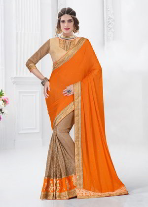 Золотое и оранжевое атласное, шифоновое и шёлковое индийское сари