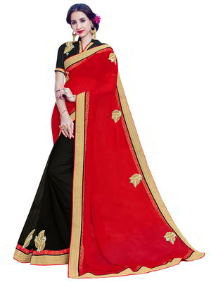 Красное и чёрное индийское сари из креп-жоржета и из шёлка