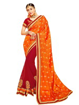 Оранжевое шёлковое и жаккардовое индийское сари