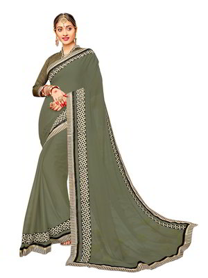 Серое шифоновое индийское сари со стразами