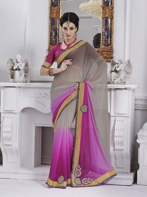 Серое и розовое индийское сари из шифона и из шёлка
