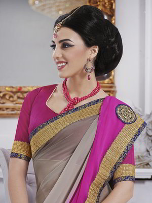 Серое и розовое индийское сари из шифона и из шёлка