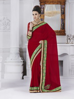 Красное индийское сари из креп-жоржета и из шёлка, украшенное вышивкой люрексом