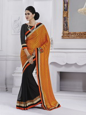 Оранжевое индийское сари из крепа, жаккардовой ткани и из шёлка