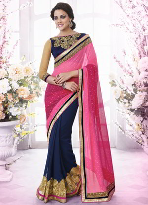 Розовое и лиловое индийское сари из креп-жоржета и из шёлка