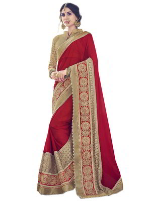 Красное и золотистое индийское сари из креп-жоржета и из шёлка