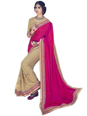 Пурпурное, золотистое и оранжевое индийское сари из креп-жоржета и из шёлка