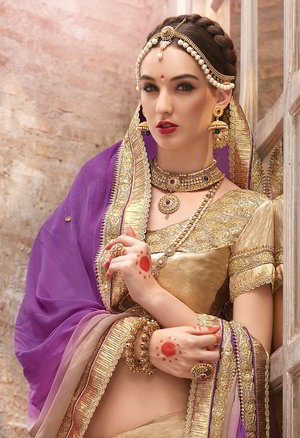 Фиолетовое и коричневое атласное и шифоновое индийское сари