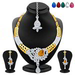 Двухцветное индийское ожерелье с жёлтыми стразами (варианты — синий, красный, зелёный, прозрачный белый, розовый), покрытое золотом и родием + серьги + украшение на голову (волосы, лоб)