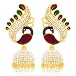 Позолоченные индийские серьги-колокольчики «Павлины», цветная эмаль и бусинки