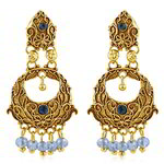Медные индийские серьги, покрытые позолотой, с синими бусинками и стразами