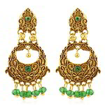 Медные индийские серьги, покрытые позолотой, с зелёными бусинками и стразами
